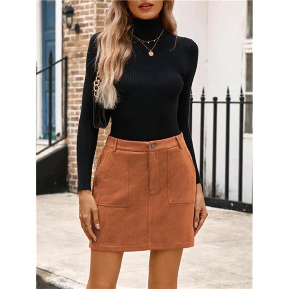 Women Mini Suede Skirt High Waisted Pencil Skirt with Pockets Fall Winter - Picture 3 of 7